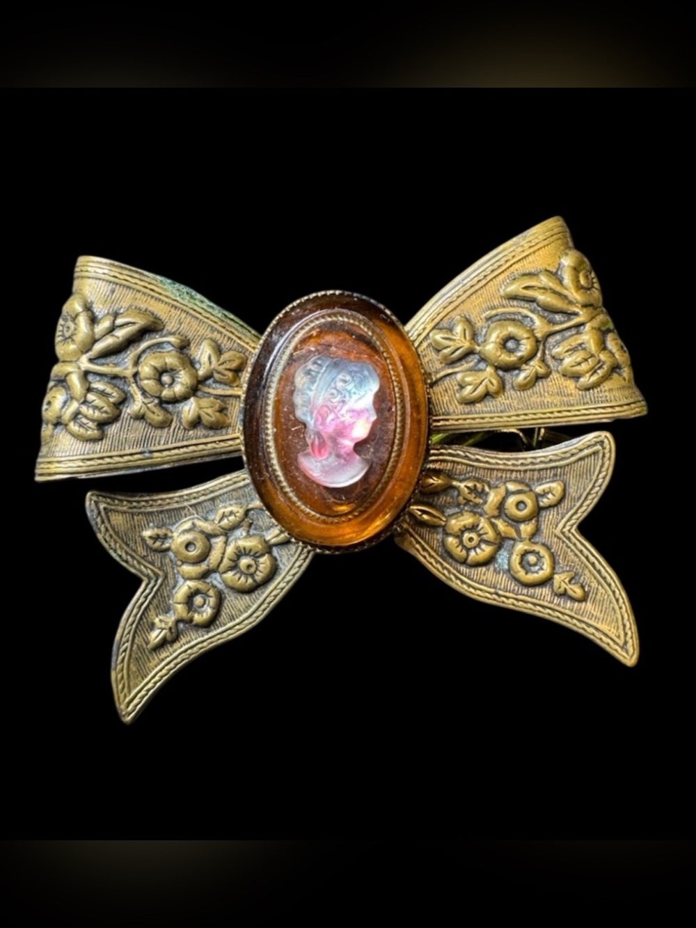 2” Vintage Victorian Lady Brooch Pin Adorned In Flowers Brass Tone Bow Shape